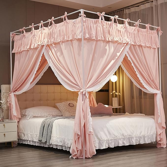 Ruffle Lace up 4 Corners Post Princess Curtain Bed Canopy Cozy Breathable Mosquito Net Cloth for Girls Adults Bedroom Decoration (Pink, 78" W*86" L*82" H/King)