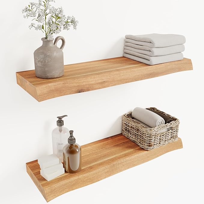 24" Acacia Live Edge Floating Shelves Set of 2 - Wall Mounted Wooden Shelf for Stylish Home Décor - Teak Look Color 24x7.5x1.5 Inches