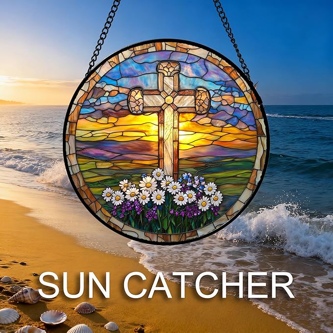 Christian Gifts for Women - Cross Stained Glass Window Hanging Jesus Easter Daisy Grassland Sunset Sun Catcher Garden Religion Decor Mother's Day Catholic Gift for Men Grandma Nana Her 15"