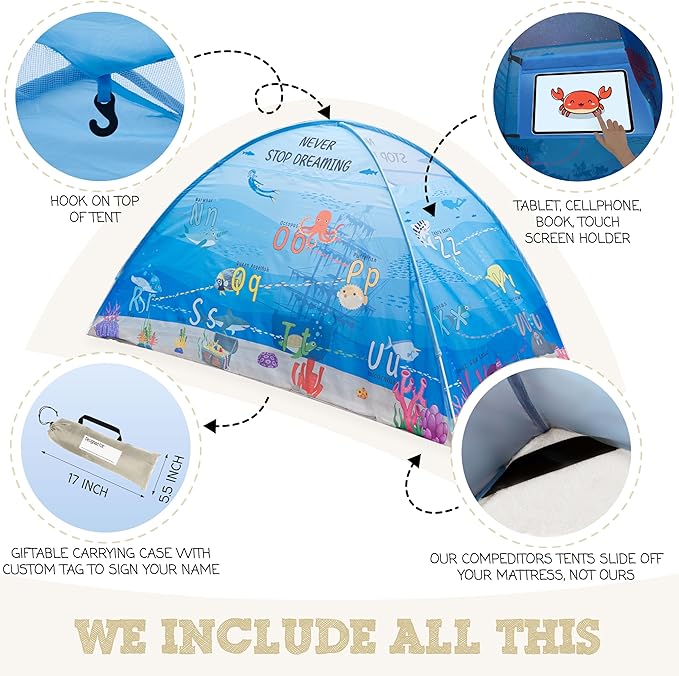 Water World Twin Bed Tent for Kids Indoor Fort - Magical Dream Tents for Boys Pop Up Toddler Bed Canopy for Girls Bunk Bed Tent for Top Bunk - Sensory Sleep Pod for Kids Educational