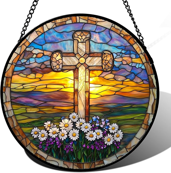 Christian Gifts for Women - Cross Stained Glass Window Hanging Jesus Easter Daisy Grassland Sunset Sun Catcher Garden Religion Decor Mother's Day Catholic Gift for Men Grandma Nana Her 15"