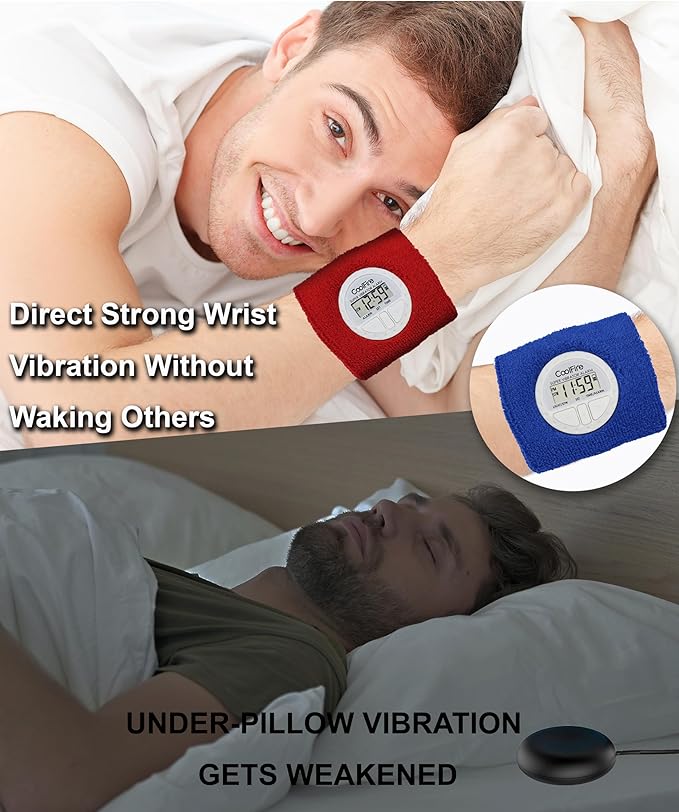 Coolfire Vibrating Alarm Clock - Silent Alarm Wristband Vibrating Alarm Watch. Silent Wrist Shock Alarm Clock. Vibration Alarm Bracelet Deep Sleeper & Vibrate Alarm (Black) (RED)