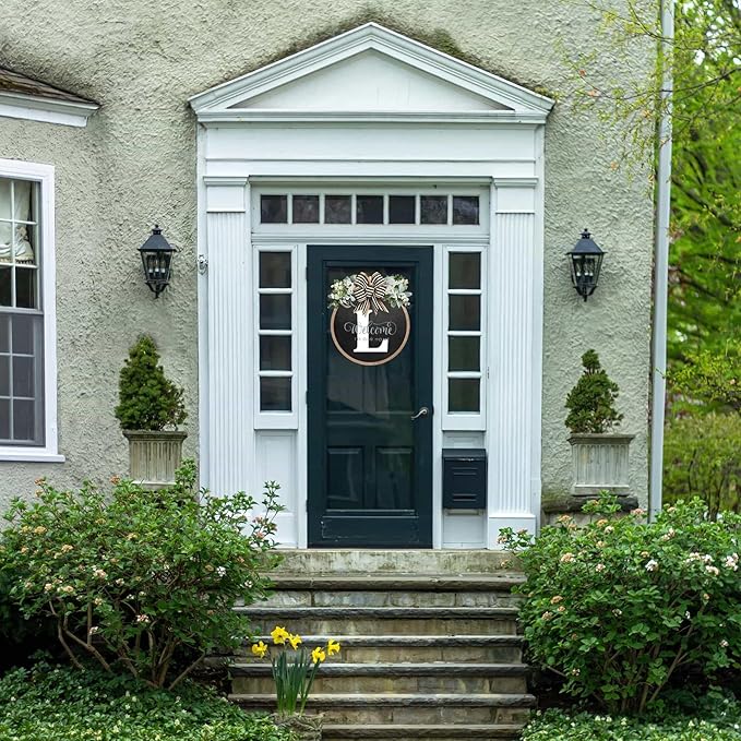 Circular Surname Front Door Welcome Sign - 26 Letter House Wreath, Front Porch Decorations, Year-Round Home Decor (L)