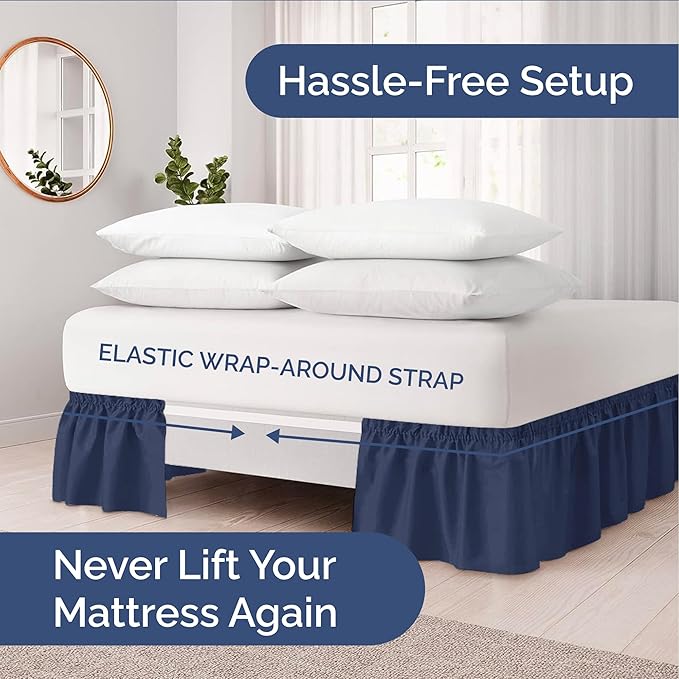 Wrap Around Dust Ruffle Bed Skirt - Navy Blue - Twin/Twin XL Size Beds with 18 Inch Drop - Elastic Strap - Adjustable Pleated Bedskirt with Brushed Fabric and Wrinkle Free - Women, Men, Kids & Teens