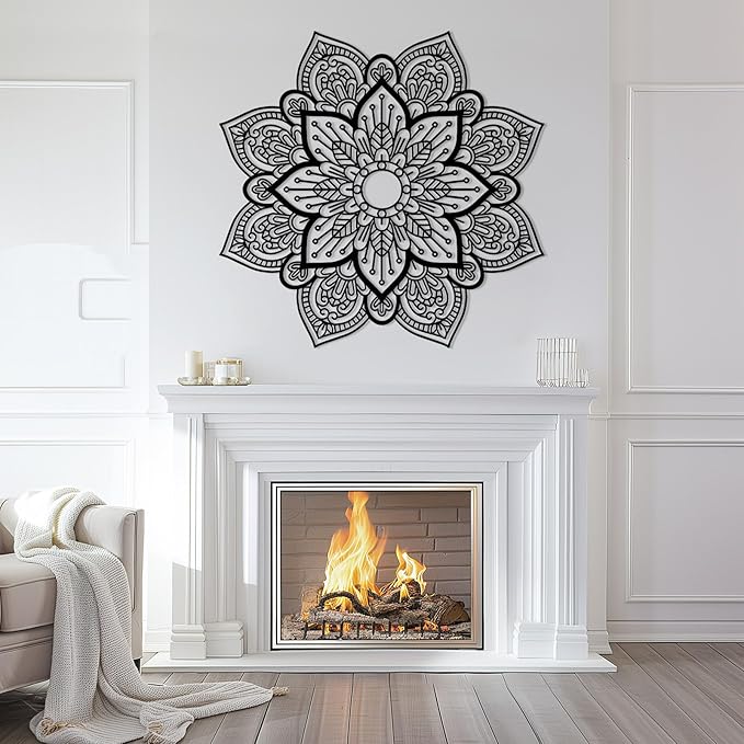 Metal Mandala Flower Wall Art, Large Metal Round Mandala Wall Decor, Lotus Flower Wall Decor, Modern Farmhouse Wall Art for Living Room, Bedroom, Office and Yoga Room (White, 39"x39"/100x100cm)