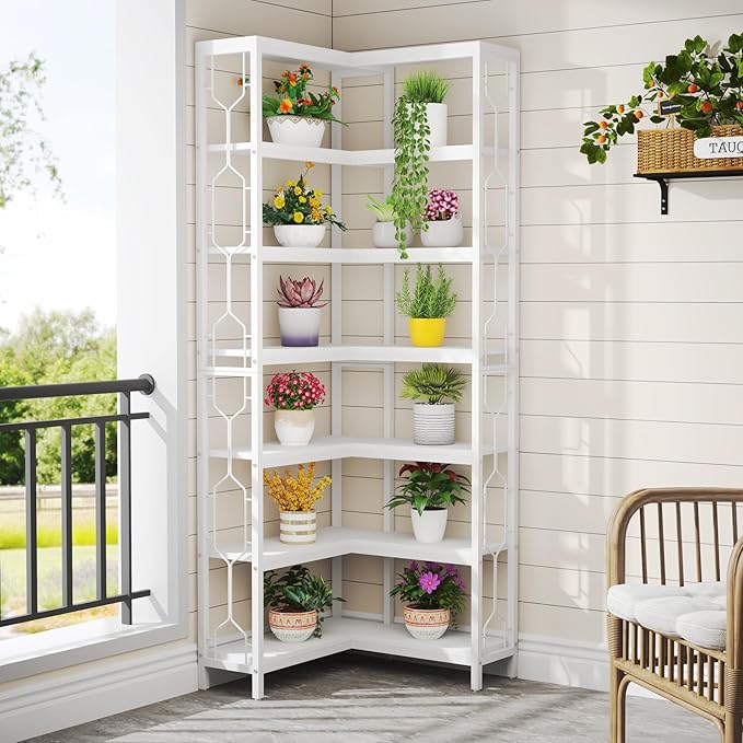 Tribesigns Corner Shelf, 7-Tier Industrial Corner Bookshelf, Wood and Metal Corner Etagere Bookcase, Freestanding Display Shelf for Living Room, Kitchen, Home Office, White