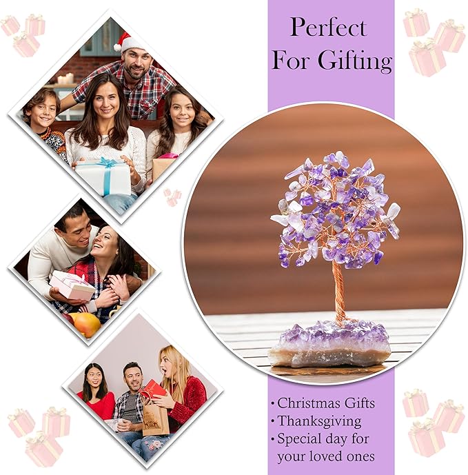 Amethyst Crystal Tree with Cluster Base Tree of Life Decor for Shelf, Bedroom, Birthday Gifts for Women, Sister Gift, Birthday Gifts for Mom, Cute Home Office Decor Purple Housewarming Present