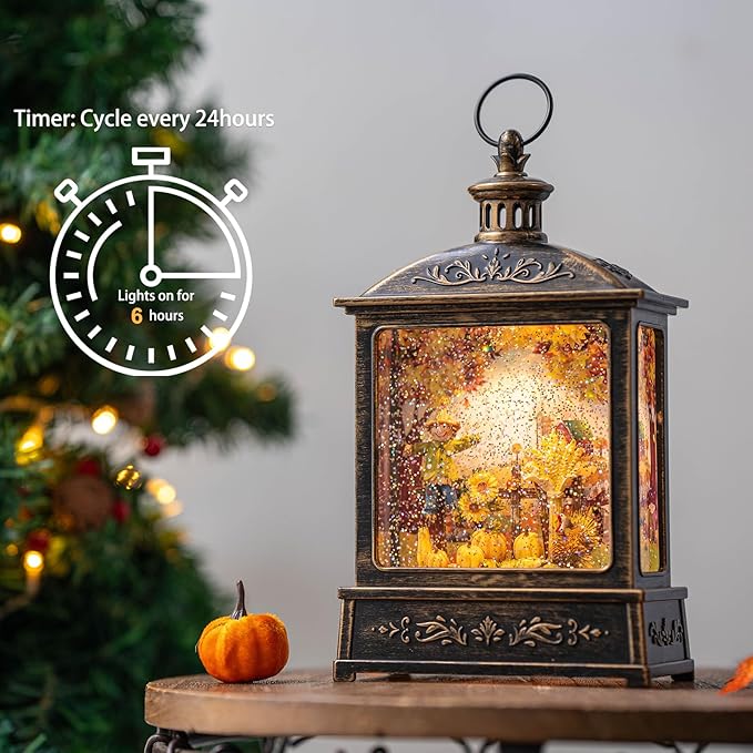 12.5'' Fall Snow Globe Lantern - Scarecrow and Turkey Lighted Water Lantern with Swirling Glitter Fall Decorations for Home, Thanksgiving, Autumn Harvest Fall Decor