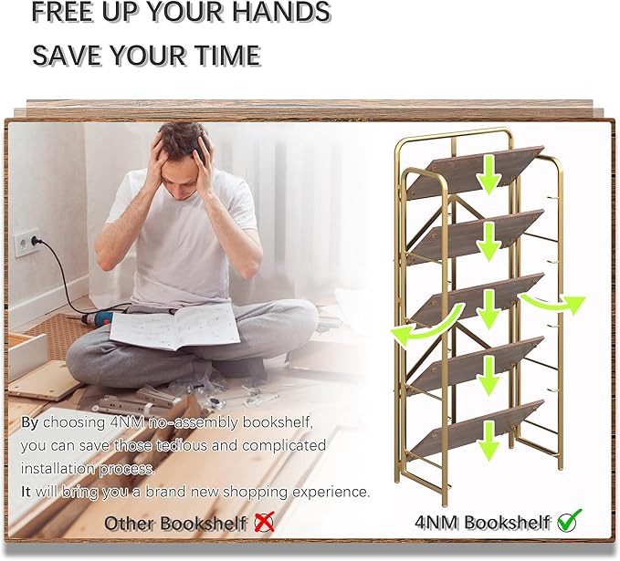 4NM No Assembly Folding Bookshelf, 5 Tiers Collapsible Book Shelves Open Industrial Foldable Storage Bookcase Shelf for Bedroom, Living Room, Home Office - Brown and Gold