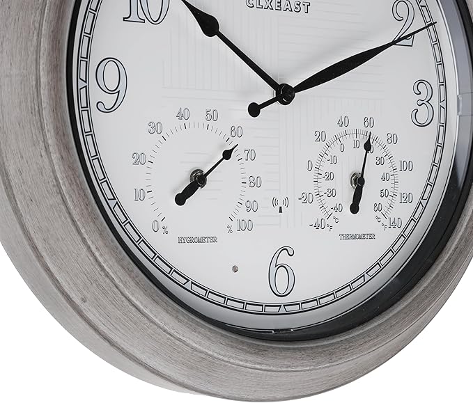 CLXEAST 18 Inch Farmhouse Illuminated Outdoor Atomic Wall Clock with Thermometer & Hygrometer Combo, Night Lighted Wall Clock with Smart Sensor, Weather Stations,Brushed Grey Oak Finish