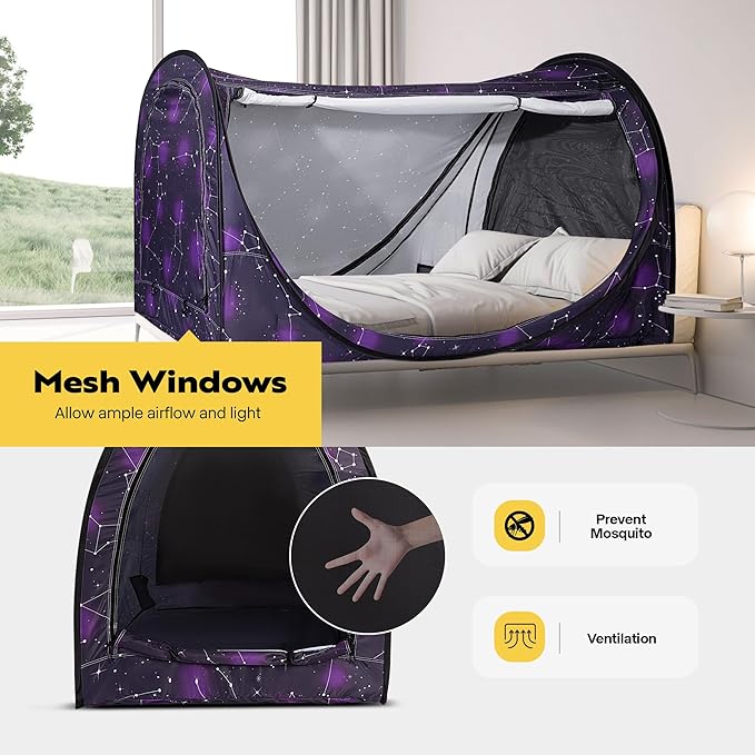 VIVOHOME Pop-Up Bed Tent Twin Size, Privacy Bed Canopy with 4 Doors and Mosquito Mesh, Breathable Sleeping Tent with Dark Starry Constellation Pattern for Kids and Adults