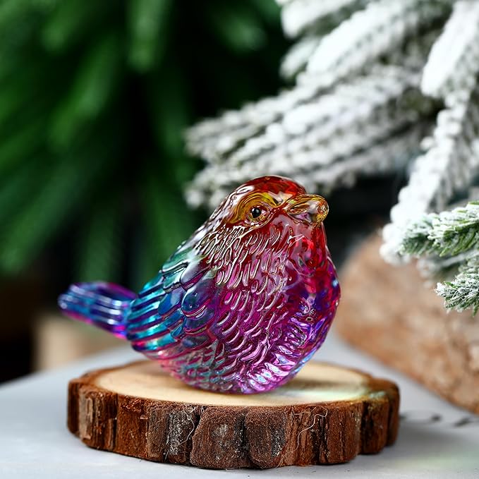 Crystal Glass Bird Figurines Glass Robin Bird Decoration Paperweight Hand Blown Glass Art Animal Collectible Figurines Gift for Women (Colorful)