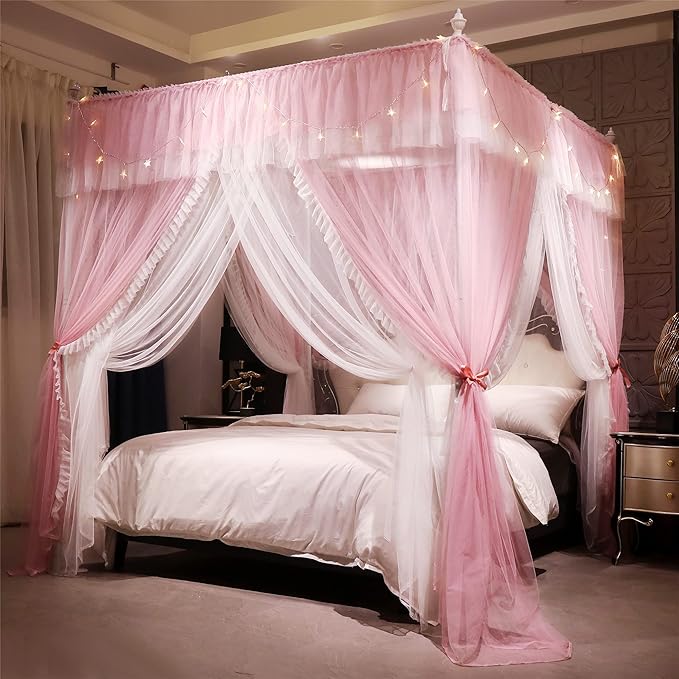 VETHIN 4 Corners Post Ruffle Princess Bed Canopy Curtain-Double Layer Cozy Drape Netting 4 Opening Mosquito Net for Girls Adults Bedroom Decoration (Pink/Whtie,64" W*82" L*82"*H/Queen)