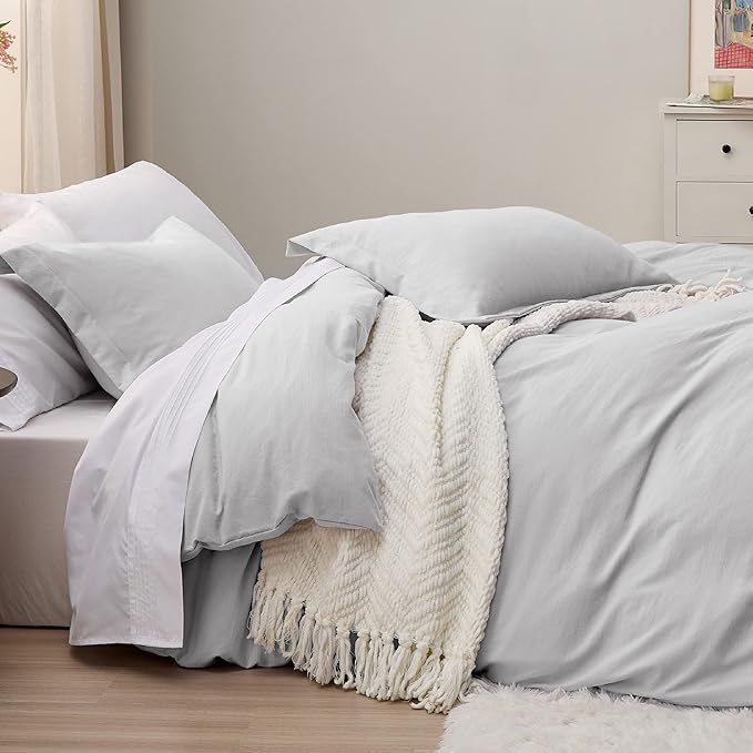 Bedsure Light Grey Duvet Cover Twin/Twin XL Size - 2 Pieces Prewashed Cotton-Like Extra Soft Bedding Set, Includes 1 Twin Duvet Cover 68x90 Inches with Zipper Closure & 1 Pillow Sham, No Comforter