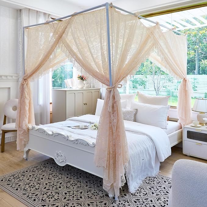 AIKASY Elegant Lace Princess 4-Poster Bed Canopy Mosquito Net - Romantic Wedding Bridal Bedroom Decor, Kids Room Bed Curtain for Women Adults - (Cream-1,King)