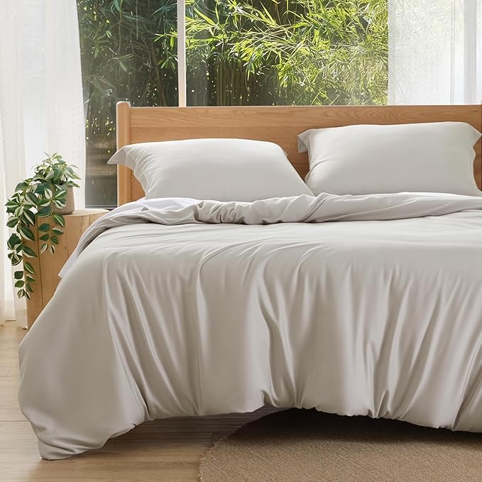 Bedsure 100% Rayon Derived from Bamboo Duvet Cover Queen Size - Lightweight Silky Cooling Comforter Cover Set for Hot Sleepers, Breathable & Moisture-Wicking Bedding Set, Linen