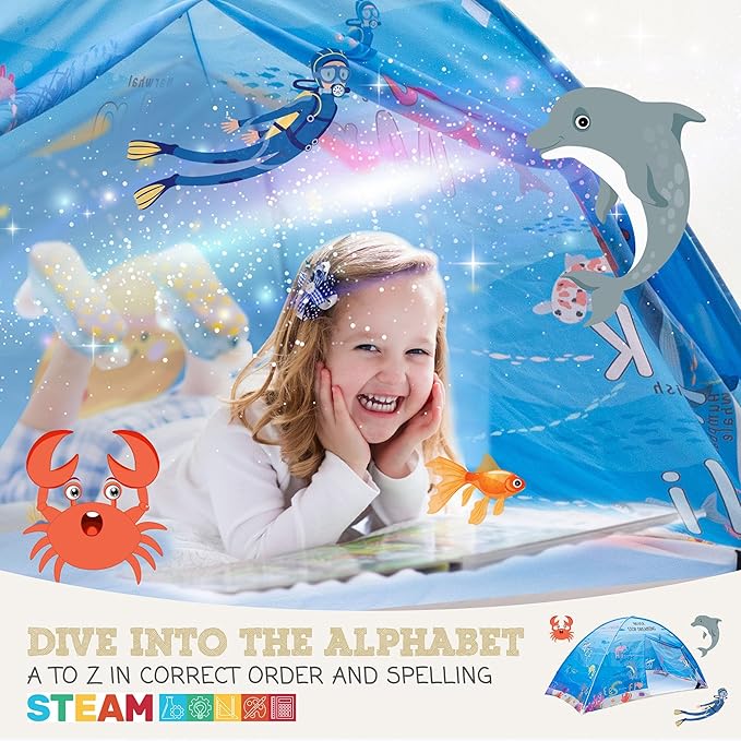 Water World Twin Bed Tent for Kids Indoor Fort - Magical Dream Tents for Boys Pop Up Toddler Bed Canopy for Girls Bunk Bed Tent for Top Bunk - Sensory Sleep Pod for Kids Educational