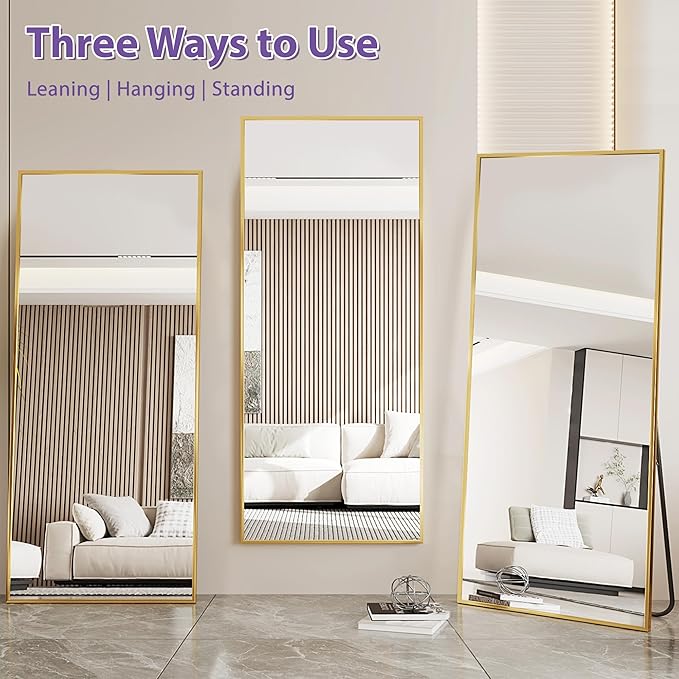 Full Length Mirror, 71"x26" Oversized Floor Mirror Freestanding, Full Body Mirror Floor Standing Mirrors with Stand, Hanging Mounted Mirrors for Bedroom Living Room, Gold, Rect Style
