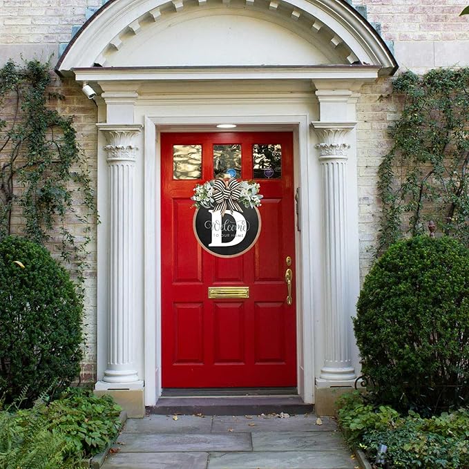 Circular Surname Front Door Welcome Sign - 26 Letter House Wreath, Front Porch Decorations, Year-Round Home Decor (D)