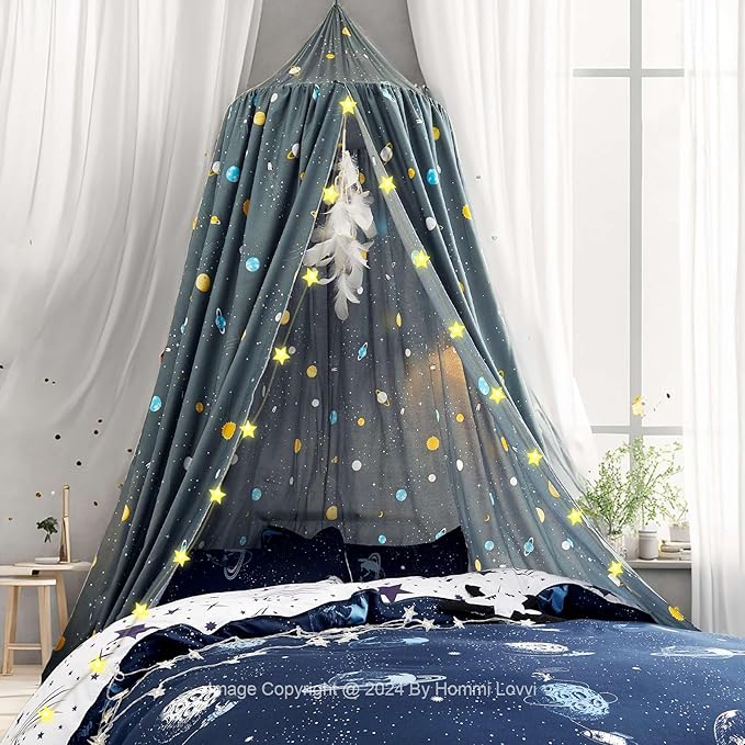 Space Rockets Print Kids Bed Canopy, Girls Princess Canopy Dreamy Room Decor, Soft Hanging Reading Nook Play Tent Canopy, Extra Large Full Size Bed Canopy with String Light