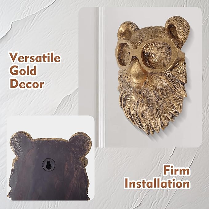 UITWMKTG Gold Animal Head Wall Decor Wall Sculpture Home Decor Statue for Living Room Office Bedroom Modern Decor for Men Women Bear