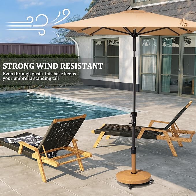 Patio Umbrella Base with 4 Wheels, 44lbs Round Heavy Duty Concrete Stand for Outdoor Market Umbrella, Teak