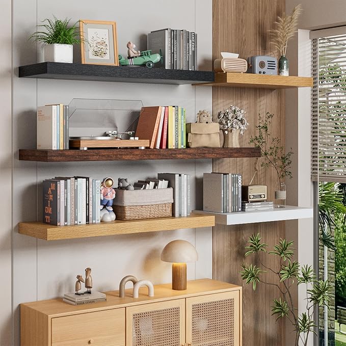 Heimlove 48W x 12D Long Floating Shelf, 12 Inch Deep Black Floating Shelves for Wall Set of 2, Wood Shelves for Bedroom Living Room Bathroom Kitchen Home Office, Wall Shelves with Heavy Duty Bracket