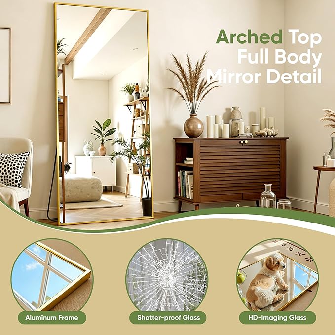 Full Length Mirror, 71"x28" Full Body Mirror, Oversized Floor Mirrors, Leaning Free Standing Mirrors, Hanging Mounted Large Mirrors for Bedroom Dressing Room, Cloakroom, Gold