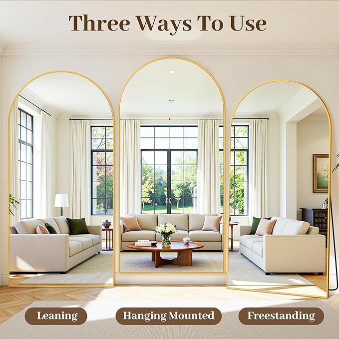 Suidia Arched Full Length Mirror, 86"x46" Floor Mirror Freestanding, Floor Standing Full Body Mirror with Stand for Bedroom, Hanging Leaning Mounted for Living Room Cloakroom, Gold