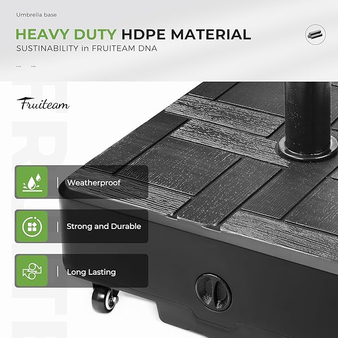 FRUITEAM 155lb Capacity Fillable Portable Umbrella Base with Wheels,Patio Umbrella Base Heavy Duty, Square Market Stand for Patio,Outdoor w/ 4 Wheels, 2 Knobs, Suitable for 6-12 ft Outdoor Umbrella