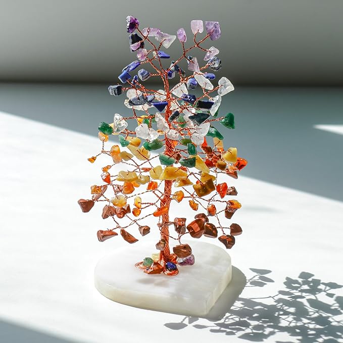 Crocon Crystal Heart Base Tree of Life Gifts for Women, Seven Chakra Healing Crystals Tree Brings Positive Energy, Good Luck, Money, Feng Shui Home & Office Desk Decor, for Dad Mom & Wife Present