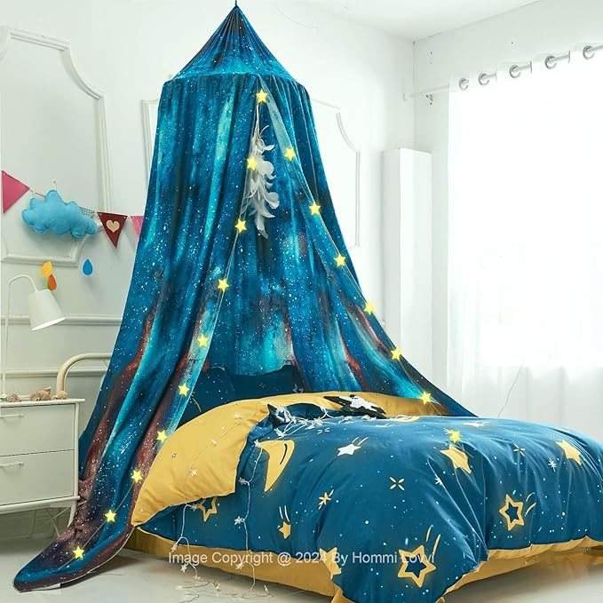 Galaxy Print Kids Bed Canopy, Girls Princess Canopy Dreamy Room Decor, Soft Hanging Reading Nook Play Tent Canopy, Extra Large Full Size Bed Canopy with String Light
