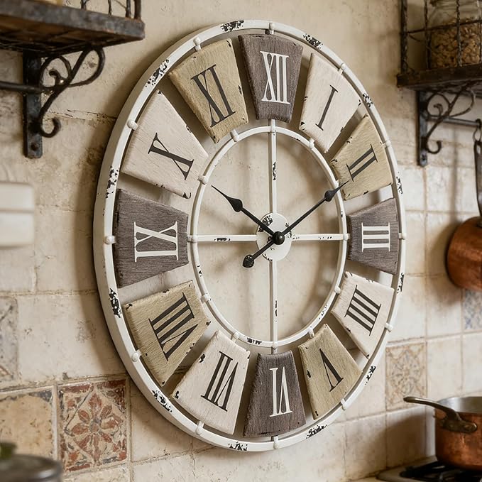 Distressed Metal Wall Clock 32 Inch, Industrial Vintage Roman Numerals, Weathered Iron Frame Farmhouse Office Cafe Decor
