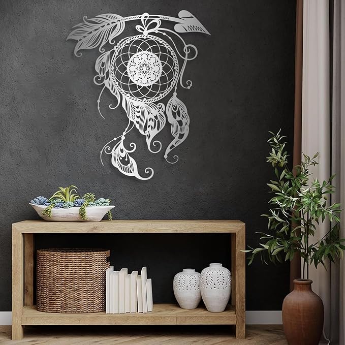Metal Wall Art Dream Catcher Decor, Dream Catcher Wall Decor Large, Boho Wall Decor, Boho Dream Catcher, Dream Catcher Design, Metal Wall Decor, Interior Decor (Silver, 35.5"x31"/90x78cm)