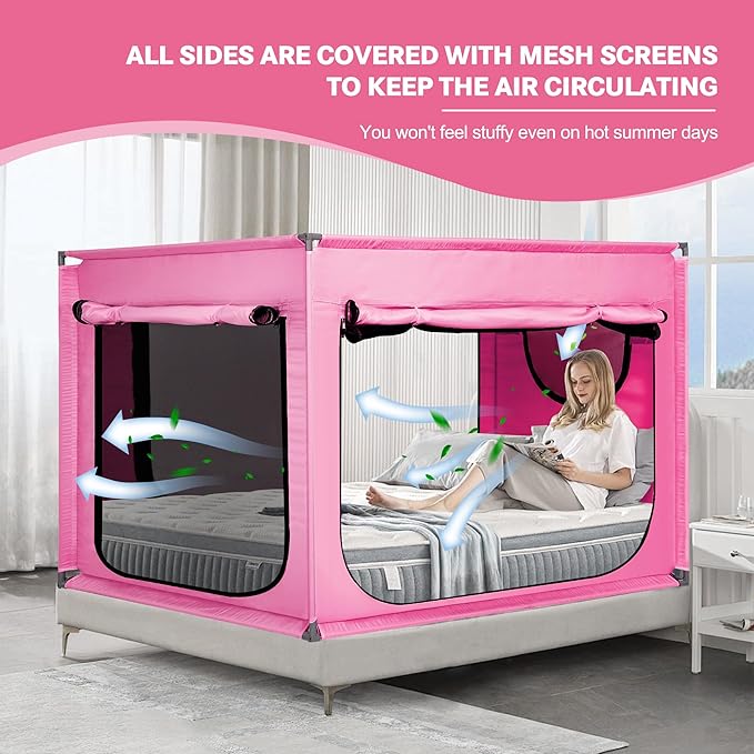Bed Canopy Portable Blackout Bed Tent Privacy Tent for Adult Indoor Sleeping with 3 Doors, Storage Bag