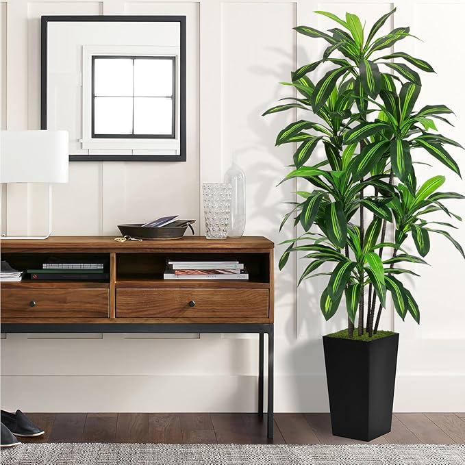 Artificial Dracaena Tree 6FT - Faux Tree with Black Tall Planter - Fake Tropical Yucca Floor Plant Potted - Artificial Silk Tree for Home Office Living Room Decor Indoor
