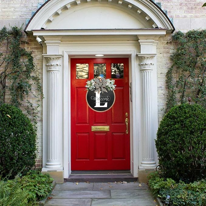 Circular Surname Front Door Welcome Sign - 26 Letter House Wreath, Front Porch Decorations, Year-Round Home Decor (L)