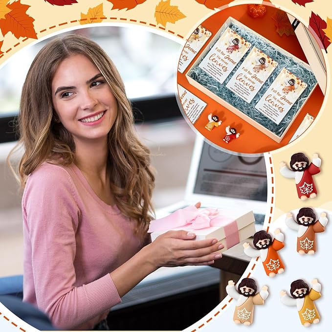 50 Pcs Thanksgiving Fall Jesus Figures Bulk 50 Fall for Jesus He Never Leaves Cards Little Maple Leave Figurines Greeting Cards Mini Pocket Figures for Religious Party Favors Gifts