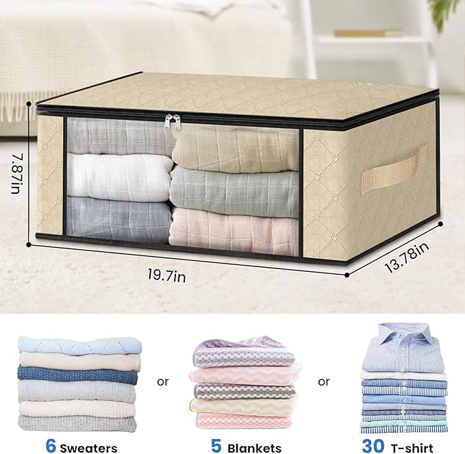 HomeHacks Storage 8-Pack Clothes Organizer Storage Bags Foldable Storage Box with Large Clear Window Sturdy Handles for Closet, Dorm, Pillows, Bedding, Clothes, Blankets, 35L, Beige