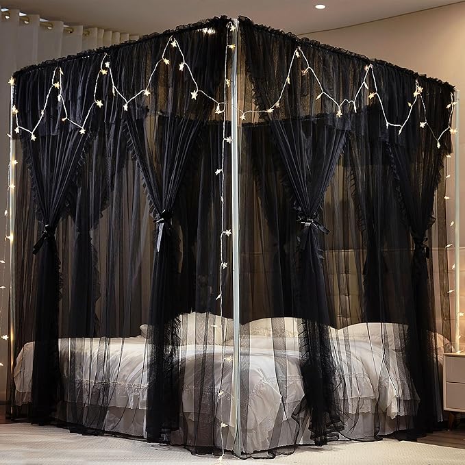 4 Corners Post Princess Curtains Bed Canopy for Girls 8 Panels Curtain- Double Layer Sheer Mesh Canopies Drapes Girls Room Decor (8P-Black/Black, 4P(27"x82") W+4P(40"x82") L/(Full))