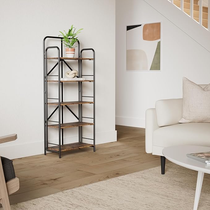 4NM No Assembly Folding Bookshelf, 5 Tiers Collapsible Book Shelves Open Industrial Foldable Storage Bookcase Shelf for Bedroom, Living Room, Home Office - Rustic Brown and Black