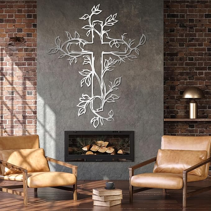 Hotuijxca Cross Metal Wall Art, Tree of Life Crosses Metal Wall Decor, Christianity Wall Art for Living Room, Bedroom(White,19" x 15" / 47 x 38 cm)