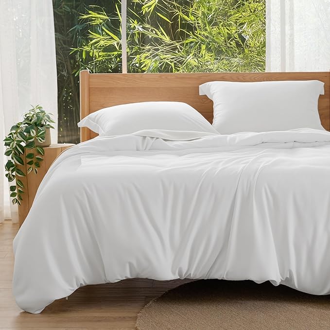 Bedsure 100% Rayon Derived from Bamboo Duvet Cover King Size - Lightweight Silky Cooling Comforter Cover Set for Hot Sleepers, Breathable & Moisture-Wicking Bedding Set, White