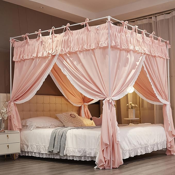 Ruffle Lace up 4 Corners Post Princess Curtain Bed Canopy Cozy Breathable Mosquito Net Cloth for Girls Adults Bedroom Decoration (Pink, 78" W*86" L*82" H/King)