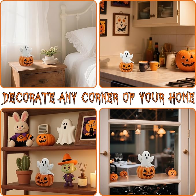 Ghost in Pumpkin Halloween Decoration: 5.5'' Solar Indoor Ornament for Home Fireplace Office Party Perfect Collectible Figurines Gift for Gothic Style Lovers