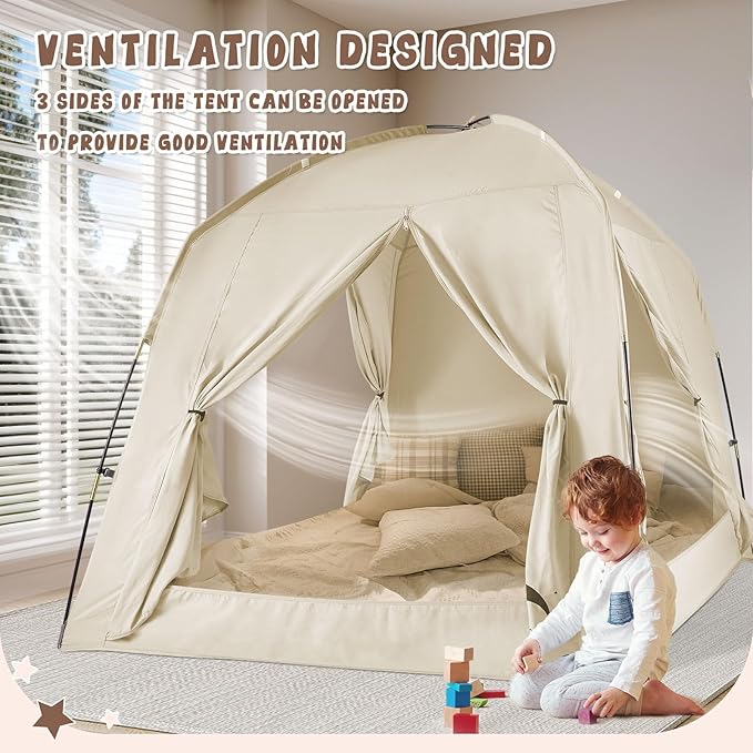 Bed Tents for Kids and Adult, Portable 100% Breathable and 93% Blackout Dream Play Tent, 3 Doors Big Privacy Space Sleeping Canopy for Indoor Floor or Twin Full Queen Sizes Bed (Khaki, Queen- Size)