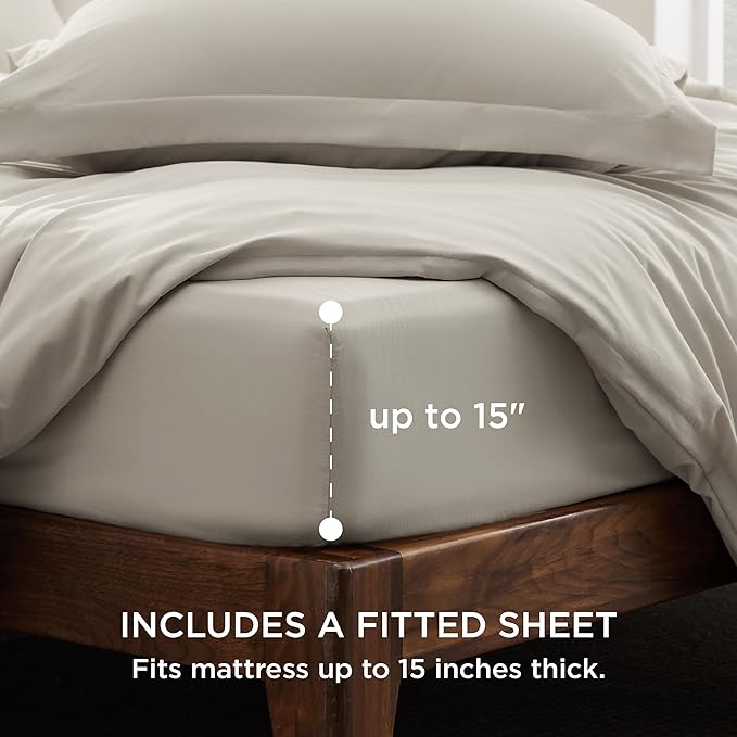 Bedsure Duvet Cover Queen Size with Fitted Sheet - 4 Pieces Prewashed Cotton-Like Extra Soft Bedding Set, Includes 1 Duvet Cover 90x90 Inches with Zipper Closure, 2 Pillow Shams, 1 Fitted Sheet, Linen
