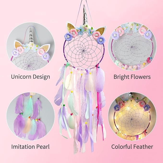 LED Lighted Up Unicorn Dream Catcher Wall Decor Colorful Feather Dreamcather Wall Hanging for Girls Kids Bedroom Decoration (Purple with Light)