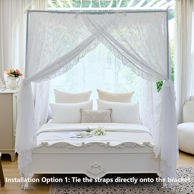 AIKASY Elegant Lace Princess 4-Poster Bed Canopy Mosquito Net - Romantic Wedding Bridal Bedroom Decor, Kids Room Bed Curtain for Women Adults - (White-3,Queen)