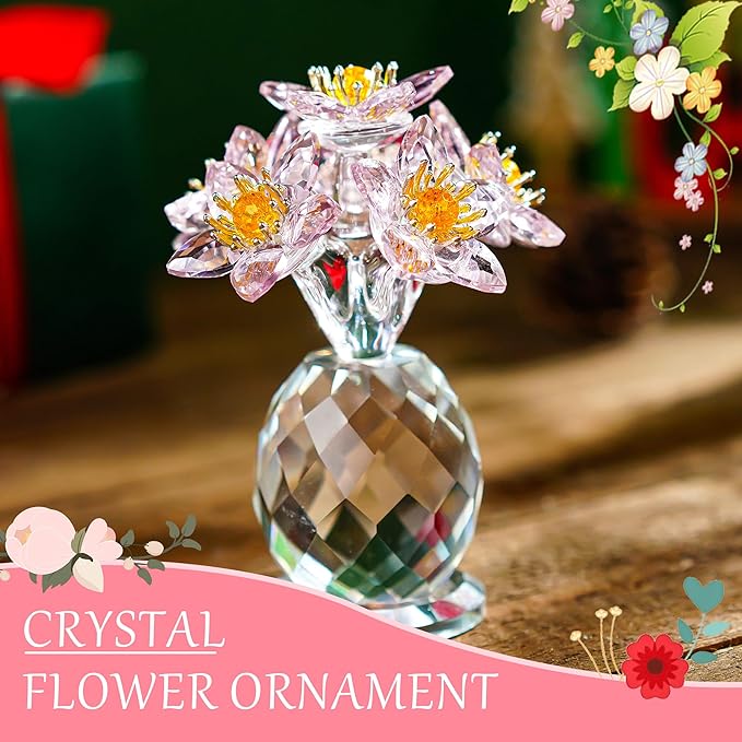 Pink Crystal Flower Ornament with Base Flower Figurine Collections Glass Flowers Bouquet Gift for Women Crystal Christmas Decoration for Home